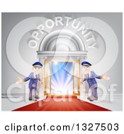 Poster, Art Print Of Welcoming Door Men At An Entry With A Red Carpet Under Opportunity Text