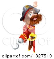 Poster, Art Print Of Happy Male Pirate Captain Gesturing With A Hook Hand And Looking Around A Sign