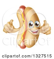 Cartoon Happy Hot Dog Mascot With A Strip Of Mustard Giving Two Thumbs Up