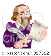 Cartoon Happy William Shakespeare Holding A Scroll And Feather Quill From Waist Up