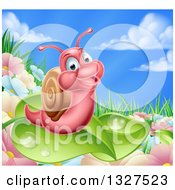 Poster, Art Print Of Cartoon Happy Pink Snail On A Leaf Over Flowers In A Meadow