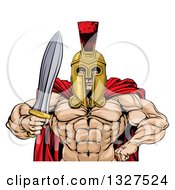 Poster, Art Print Of Shirtless Muscular Gladiator Gladiator Man In A Helmet Holding Out A Sword From The Waist Up