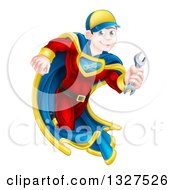 Poster, Art Print Of Brunette Caucasian Male Super Hero Mechanic Running With A Wrench
