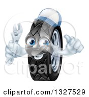 Happy Tire Character Wearing A Baseball Cap Giving A Thumb Up And Holding A Wrench 2