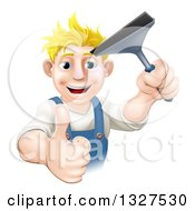 Clipart Of A Happy Blond Caucasian Window Cleaner Man Holding A Squeegee And Giving A Thumb Up Royalty Free Vector Illustration