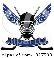 Poster, Art Print Of Winged Ice Hockey Mask Over Crossed Sticks And A Blank Blue Banner