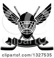 Poster, Art Print Of Black And White Winged Ice Hockey Mask Over Crossed Sticks And A Blank Banner