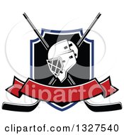 Clipart Of An Ice Hockey Mask Over Crossed Sticks And A Shield With Blank Red Banner Royalty Free Vector Illustration