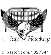 Poster, Art Print Of Black And White Winged Ice Hockey Mask Over Text And A Goal