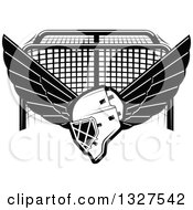 Poster, Art Print Of Black And White Winged Ice Hockey Mask Over A Goal