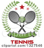 Poster, Art Print Of Crossed Tennis Rackets With A Ball With Stars And A Blank Banner In A Wreath Over Text