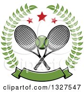 Poster, Art Print Of Crossed Tennis Rackets With A Ball With Stars And A Blank Banner In A Wreath
