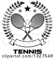Clipart Of Black And White Crossed Tennis Rackets With A Ball With Stars And A Blank Banner In A Wreath Over Text Royalty Free Vector Illustration