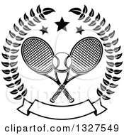 Poster, Art Print Of Black And White Crossed Tennis Rackets With A Ball With Stars And A Blank Banner In A Wreath