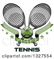 Clipart Of Crossed Tennis Rackets With A Ball Green Blank Banner And Stars Over Text Royalty Free Vector Illustration