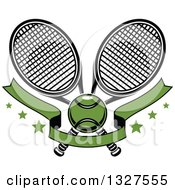 Clipart Of Crossed Tennis Rackets With A Ball Green Blank Banner And Stars Royalty Free Vector Illustration