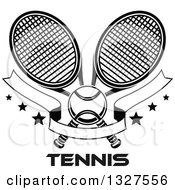 Clipart Of Black And White Crossed Tennis Rackets With A Ball Blank Banner And Stars Over Text Royalty Free Vector Illustration
