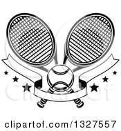 Clipart Of Black And White Crossed Tennis Rackets With A Ball Blank Banner And Stars Royalty Free Vector Illustration