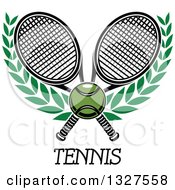 Poster, Art Print Of Crossed Tennis Rackets With A Ball And Laurel Branches Over Text