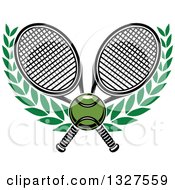 Clipart Of Crossed Tennis Rackets With A Ball And Laurel Branches Royalty Free Vector Illustration