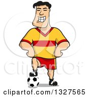 Poster, Art Print Of Cartoon Grinning Soccer Player Resting A Foot On A Ball