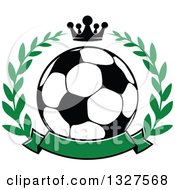Poster, Art Print Of Soccer Ball In A Laurel Wreath With A Crown And Blank Green Banner