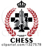 Black And White Chess Pieces Over Checkers In A Crown And Red Laurel Wreath Over Text