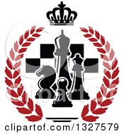 Poster, Art Print Of Black And White Chess Pieces Over Checkers In A Crown And Red Laurel Wreath