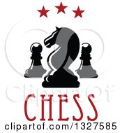 Poster, Art Print Of Chess Knight And Pawn Pieces Under Red Stars And Over Text