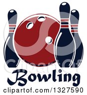Poster, Art Print Of Navy Blue And Red Bowling Ball And Pins Over Text