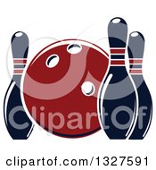 Clipart Of A Navy Blue And Red Bowling Ball And Pins Royalty Free Vector Illustration
