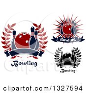 Clipart Of Navy Blue And Red Bowling Balls And Pins Wreaths Bursts And Text Royalty Free Vector Illustration