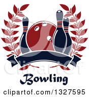 Clipart Of A Navy Blue And Red Bowling Ball And Pins In A Laurel Wreath Over Text And A Blank Banner Royalty Free Vector Illustration