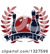 Clipart Of A Navy Blue And Red Bowling Ball And Pins In A Laurel Wreath Over A Blank Banner Royalty Free Vector Illustration