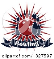 Poster, Art Print Of Navy Blue And Red Bowling Ball And Pins Over A Burst And Text Banner