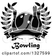 Poster, Art Print Of Black And White Bowling Ball And Pins In A Laurel Wreath Over Text And A Blank Banner