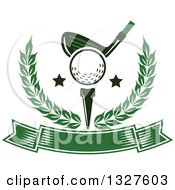 Clipart Of A Golf Club Against A Ball On A Tee With Stars In A Wreath Over A Blank Green Banner Royalty Free Vector Illustration