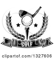 Clipart Of A Black And White Golf Club Against A Ball On A Tee With Stars In A Wreath Over A Text Banner Royalty Free Vector Illustration