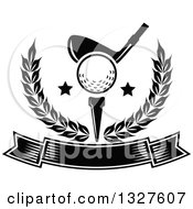 Clipart Of A Black And White Golf Club Against A Ball On A Tee With Stars In A Wreath Over A Blank Banner Royalty Free Vector Illustration