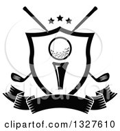 Poster, Art Print Of Black And White Golf Ball On A Tee In A Shield Over Crossed Clubs And A Blank Ribbon Banner