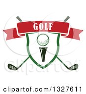 Poster, Art Print Of Golf Ball On A Tee In A Shield Over Crossed Clubs With A Red Text Ribbon Banner