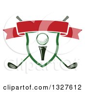 Poster, Art Print Of Golf Ball On A Tee In A Shield Over Crossed Clubs With A Blank Red Ribbon Banner