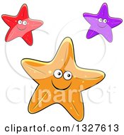 Poster, Art Print Of Cartoon Red Purple And Orange Starfish Characters
