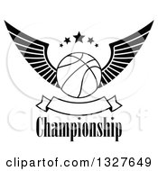 Poster, Art Print Of Black And White Winged Basketball With Stars Over Text And A Blank Banner