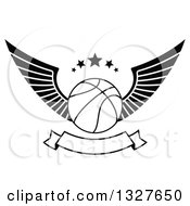 Poster, Art Print Of Black And White Winged Basketball With Stars Over A Blank Banner