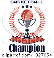 Clipart Of A Basketball On A Trophy Cup Inside A Laurel And Star Wreath Over A Blank Orange Banner With Text Royalty Free Vector Illustration
