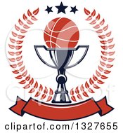Poster, Art Print Of Basketball On A Trophy Cup Inside A Laurel And Star Wreath Over A Blank Orange Banner