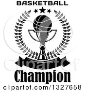 Clipart Of A Black And White Basketball On A Trophy Cup Inside A Laurel And Star Wreath Over A Blank Banner With Text Royalty Free Vector Illustration
