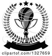 Clipart Of A Black And White Basketball On A Trophy Cup Inside A Laurel And Star Wreath Over A Blank Banner Royalty Free Vector Illustration