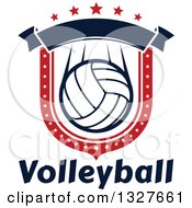 Poster, Art Print Of Red White And Blue Volleyball Shield With Stars And A Blank Banner Over Text